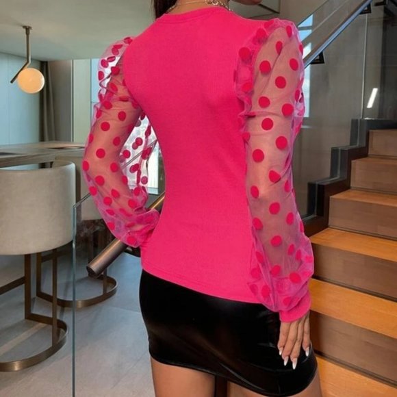 Polka Dot Mesh Sleeve Blouse Top Pink - Picture 3 of 6